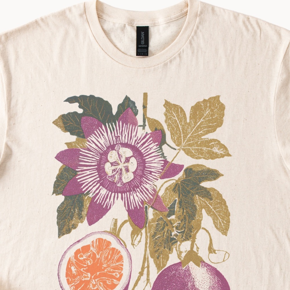 Botanical Garden Graphic Tee with Passion Flower and Fruit Illustration - Picture 2 of 7